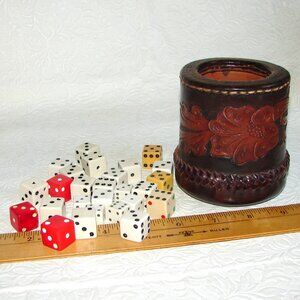 Vtg Stitched Tooled Leather DICE CUP + 26 Assorted DICE, Game Room, Gaming